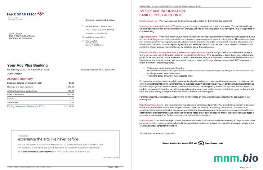 Szablon wyciągu bankowego USA Bank of America w formacie Word i PDF( 4 strony), Wersja 3